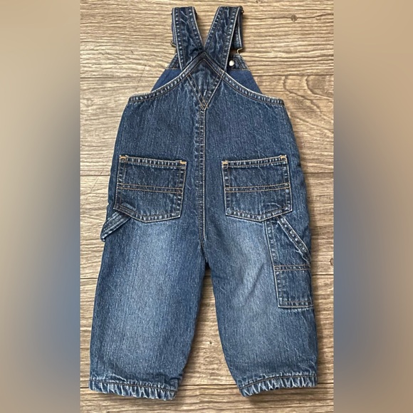 Vintage Old Navy Baby Denim Overalls Red Fleece Lined Size 3 - 6 Months - Picture 2 of 5